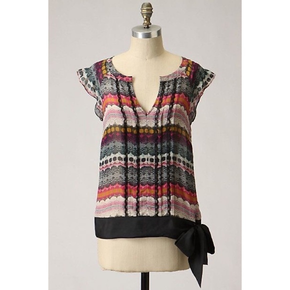 Anthropologie ODILLE Silk Ruffle Pleated Print Blouse Top Banded Hem Size 0 - Picture 1 of 12